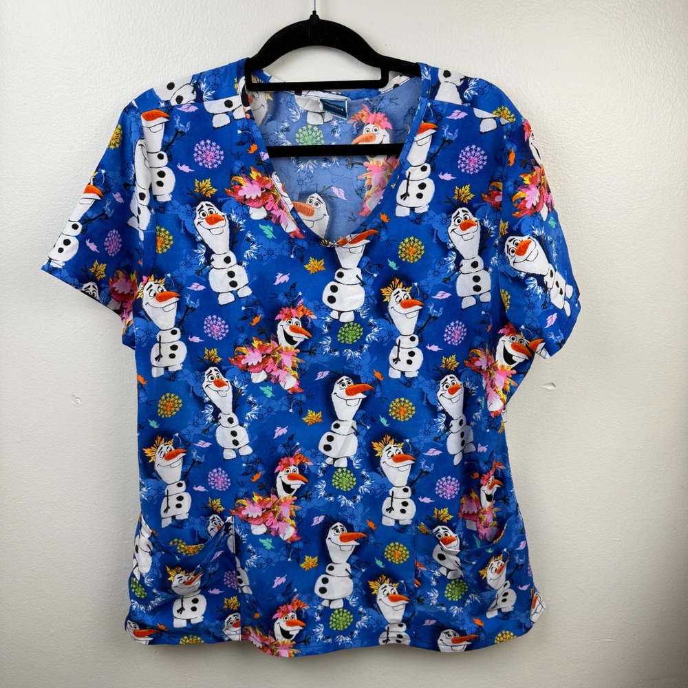 Disney Frozen II Olaf All Over‎ Print Blue Scrub Top Women's XL